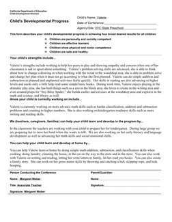 California Department of Education
Child Development Division
Child's Developmental Progress
This form describes your child's