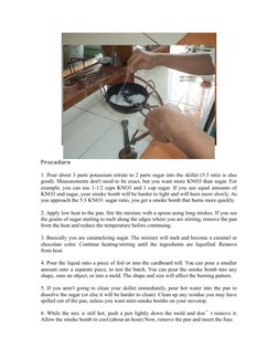 Procedure
1. Pour about 3 parts potassium nitrate to 2 parts sugar into the skillet (5:3 ratio is also
good). Measurements do