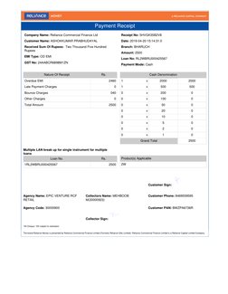 Payment Receipt
Company Name: Reliance Commercial Finance Ltd
Customer Name: ASHOKKUMAR PRABHUDAYAL
Received Sum Of Rupees: