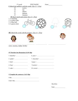 3rd grade                     TEST PAPER                 Name__________________
I  . Match the numbers with the words: (
 
 2