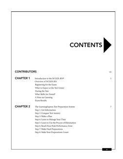 CONTENTS 
CONTRIBUTORS 
vii 
CHAPTER 1 
Introduction to the NCLEX-RN® 
1 
Overview of NCL
