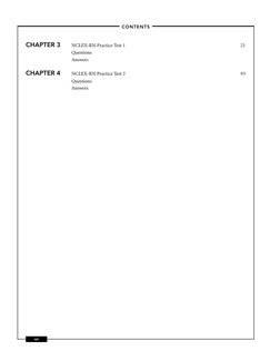 –
–
CONTENTS 
vi 
CHAPTER 3  
NCLEX-RN Practice Test 1 
21 
 
Questions 
 
Answers 
CHAPTER 4  
NCLEX-RN Practice Test 2 
93