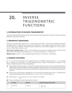 20.
INVE RSE 
T RIGO NO M E T RIC 
FUNCT IO NS
1. INTRODUCTION TO INVERSE TRIGONOMETRY
The inverse trigonometric functions ar