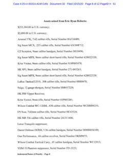 Assets seized from Eric Ryan Roberts:
$253,364.00 in U.S. currency;
$2,000.00 in U.S. currency;
Arsenal 57K, 7.62 caliber rif