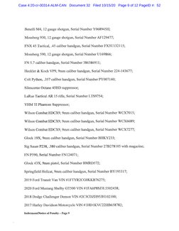 Benelli M4, 12 gauge shotgun, Serial Number Y068945H;
Mossberg 930, 12 gauge shotgun, Serial Number AF129477;
FNX 45 Tactical