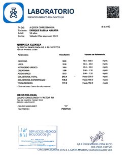 LABORATORIO 
R 
SERVICIOs MEDICO BIOLOGICOS JM 
R-13-02 
Dr.(a): 
Paciente: ENRIQUE FABIAN MAGANA 
Eda d: 
A QUIEN CORRESPOND