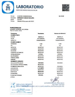 LABORATORIO 
SERVICIOS MEDICO BIOLOGICOSs JM 
Dr(a): 
A QUIEN CORRESPONDA 
R-13-02 
ENRIQUE FABIAN MAGAÑA 
58 años 
Paciente: