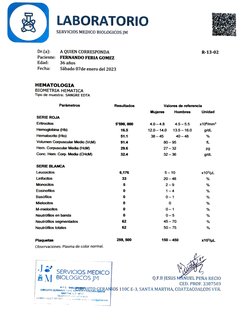 LABORATORIO 
SERVICIOS MEDICO BIOLOGICOs JM 
Dr.(a): 
A QUIEN CORRESPONDA 
R-13-02 
Paciente: 
FERNANDO FERIA GOMEZ 
Edad: 
3