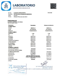 LABORATORIO 
SERVICIOS MEDICO BIOLOGICOS JM 
Dr.(a): 
A QUIEN CORRESPONDA 
R-13-02 
Paciente: 
VICTOR HUGO MORALES MENDO0ZA