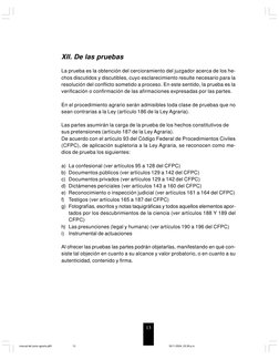 13
XII. De las pruebas
La prueba es la obtención del cercioramiento del juzgador acerca de los he-
chos discutidos y discutib
