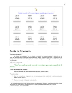 21 
 
 
 
Practica la prueba de Rinne y consigna los resultados que encuentres : 
 
256 Hz  
 
256 Hz  
 
256 Hz  
 
256 Hz