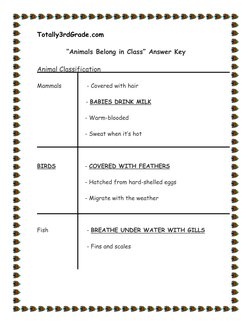 Totally3rdGrade.com                 
 
“Animals Belong in Class” Answer Key 
 
Animal Classification 
 
Mammals  
   - Covere