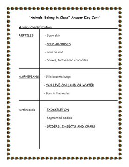 “Animals Belong in Class” Answer Key Cont’ 
 
Animal Classification 
 
REPTILES  
   - Scaly skin 
 
   - COLD-BLOODED