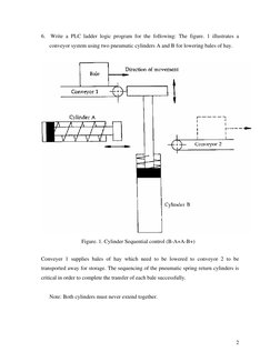 6.  Write a PLC ladder logic program for the following: The figure. 1 illustrates a 
conveyor system using two pneumatic cyli