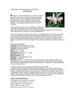 ASPECTOS CULTURALES DE ANTIOQUIA 
ANTIOQUIA 
Antioquia es un lindo departamento que combina zonas de 
playa sobre el Caribe,