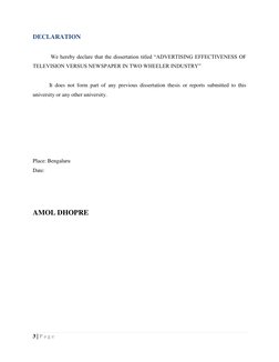 3 | P a g e  
 
DECLARATION 
 
 We hereby declare that the dissertation titled “ADVERTISING EFFECTIVENESS OF 
TELEVISION