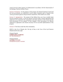 various provinces and/or agencies, for disbursement in accordance with the financial plan of 
the Barangay Nutrition Scholars