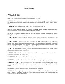 LINGO WORDS: 
 
*VOLLEYBALL* 
ACE - A serve that is not passable and results immediately in a point.  
ANTENNA - The vertical