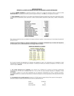 EJERCICIO RESUELTO
IMPUESTO A LA RENTA DE PERSONA NATURAL NO OBLIGADA A LLEVAR CONTABILIDAD
La señorita  ANDREA VALENCIA  es