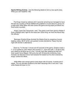 Sports Writing Activity : Use the following details to form a new sports story. 
Write your own headline / title.
      The K