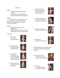 POC notes 
CASTS 
- 
 temporary treatment modality for 
fractures 
- 
Types: plaster of paris and fiberglass 
- 
Location: al