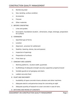 CONSTRUCTION QUALITY MANAGEMENT
iii.
Reinforcing steel
iv.
Size, bending, surface condition
v.
Accessories
vi.
Fixtures
vii.