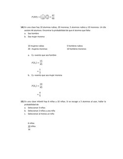 (  )  (  
  ) ( 
 )    
   
 
 
14) En una clase hay 10 alumnas rubias, 20 morenas, 5 alumnos rubios y 10 morenos. Un día 
a