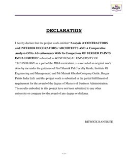 ~ 3 ~
DECLARATION
I hereby declare that the project work entitled “Analysis of CONTRACTORS
and INTERIOR DECORATO