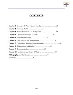 ~ 9 ~
CONTENTS
Chapter 1: Overview Of Paint Industry In India …………………………10
Chapter 2: Company Profile …………………………24