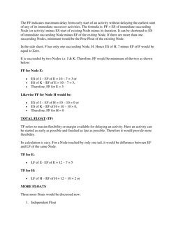 The FF indicates maximum delay from early start of an activity without delaying the earliest start 
of any of its immediate s