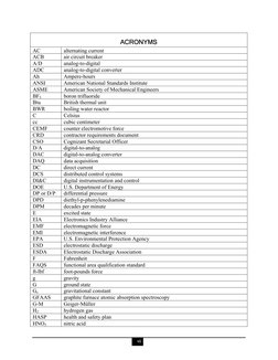 vi 
 
ACRONYMS 
AC 
alternating current 
ACB 
air circuit breaker 
A/D 
analog-to-digital 
ADC 
analog-to-digital convert