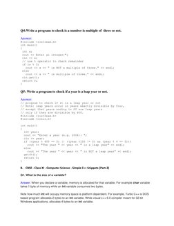 Q4:Write a program to check is a number is multiple of  three or not. 
 
Answer: 
#include <iostream.h> 
int main() 
{