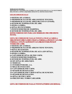 BORRADO DE MEMORIA:
BORRADO DE MEMORIA:
DESCONECTE LA BATERIA O EL FUSIBLE (15 A),DE INYECCION EN LA CAJA DE FUSIBLES
DESCONE