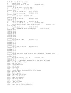 Yu-Gi-Oh!-Reshef Of Destruction
# 
Description 
Code
1E 
Enable Code (Must Be On) 
000045AA 000A
10008220 0007
1 
Infinite Mo