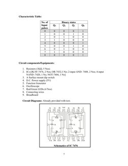7 
 
Characteristic Table: 
 
 
 
 
 
 
 
 
 
 
 
 
Circuit components/Equipments: 
1. Resistors (1KΩ, 5 Nos) 
2. ICs [JK FF-