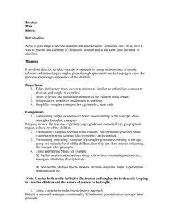 Practice
Plan
Listen.
Introduction
Need to give shape (concrete examples) to abstract ideas , concepts, laws etc in such a 
w