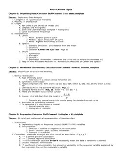 AP Stat Review Topics
Chapter 1:  Organizing Data; Calculator Stuff Covered:  1-var stats; statplots
Theme:  Exploratory Data