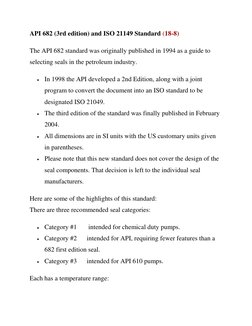 API 682 (3rd edition) and ISO 21149 Standard (18-8) 
The API 682 standard was originally published in 1994 as a guide to 
sel