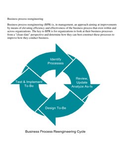 Business process reengineering 
Business process reengineering (BPR) is, in management, an approach aiming at improvements 
b