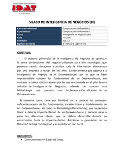 SILABO DE INTELIGENCIA DE NEGOCIOS (BI) 
Carrera Profesional 
Computación e Informática 
Especialidad 
Computación e Info