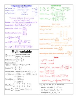 Trigonometric Identities 
2
2
2
2
2
2
sin
cos
1
1
tan
sec
cot
1
csc
x
x
x
x
x
x
+
=
+
=
+ =
     
2
2
2
2
sin 2
2sin cos
cos2