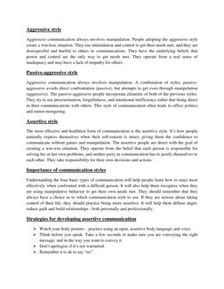 Aggressive style 
Aggressive communication always involves manipulation. People adopting the aggressive style 
create a win-l