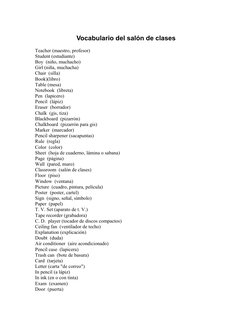 Vocabulario del salón de clases
Teacher (maestro, profesor)
Student (estudiante)
Boy  (niño, muchacho)
Girl (niña, muchacha)