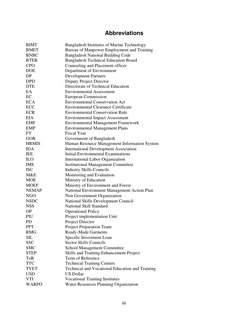 iii 
 
Abbreviations 
 
BIMT 
Bangladesh Institutes of Marine Technology 
BMET 
Bureau of Manpower Employment and Training 
B