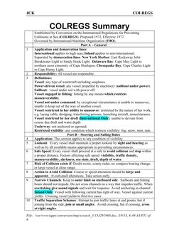 JCK
COLREGS
COLREGS Summary
Established by Convention on the International Regulations for Preventing 
Collisions at Sea (COL