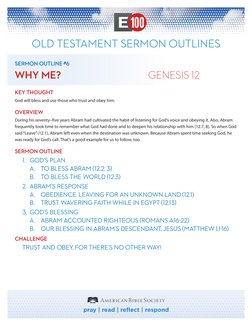 pray | read | reflect | respond
OLD TESTAMENT SERMON OUTLINES
SERMON OUTLINE #6
WHY ME?	
GENESIS 12
KEY THOUGHT
God will bles