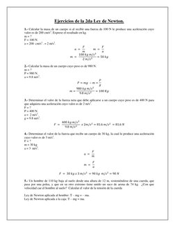 Ejercicios de la 2da Ley de Newton. 
 
1.- Calcular la masa de un cuerpo si al recibir una fuerza de 100 N le produce una a