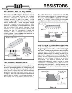 -2-
RESISTORS
RESISTORS, How are they made?
There are many different types of resistors used in
electronics.
Each type is mad