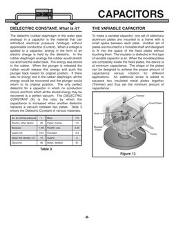 -8-
DIELECTRIC CONSTANT, What is it?
The dielectric (rubber diaphragm in the water pipe
analogy) in a capacitor is the materi