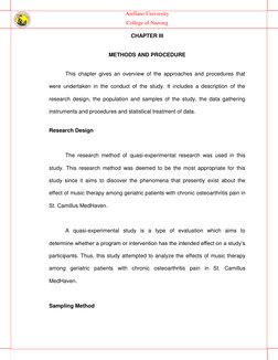 Arellano University  
College of Nursing 
 
CHAPTER III 
METHODS AND PROCEDURE 
This chapter gives an overview of the approac